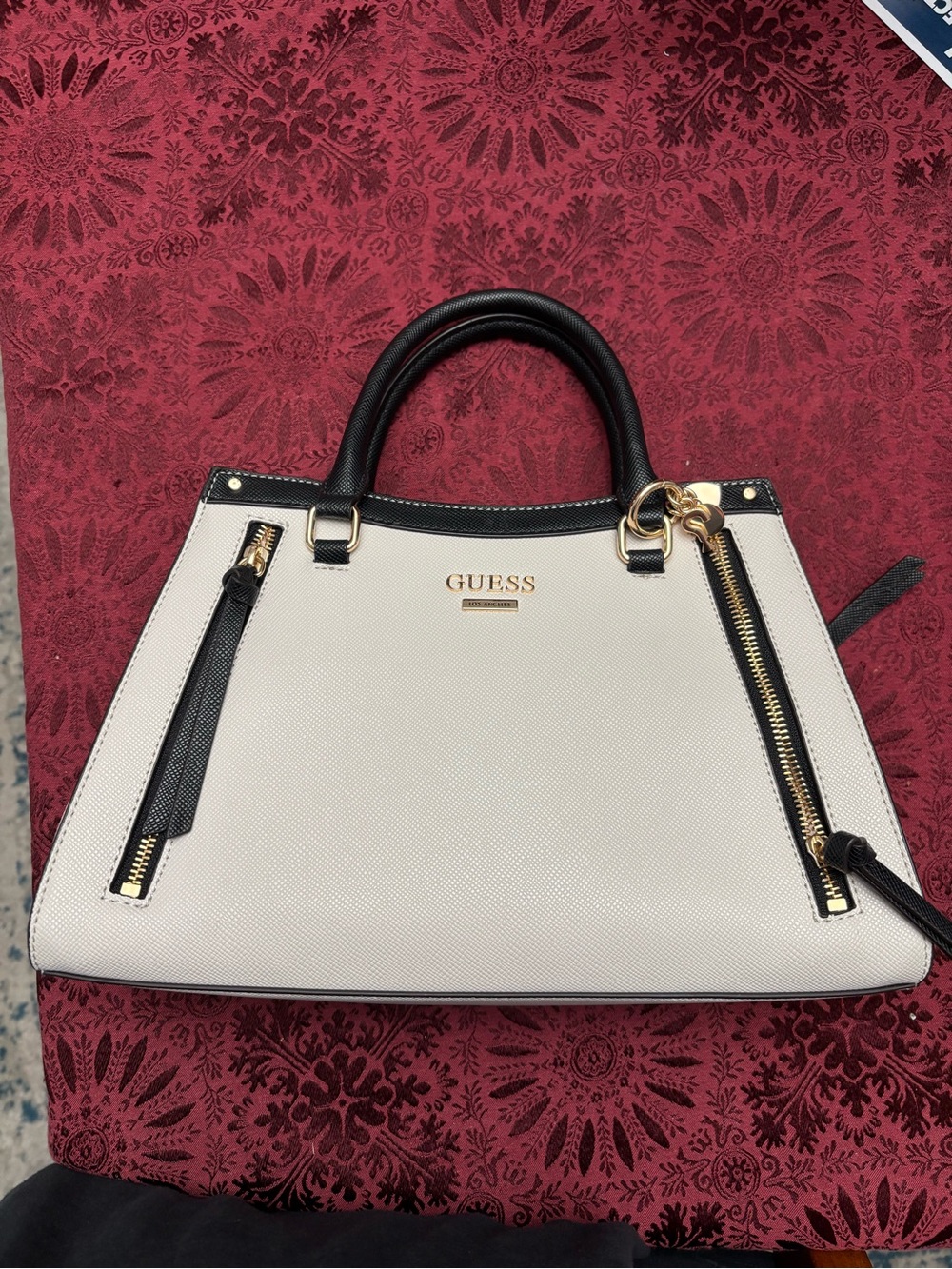 GUESS Ivory Satchel with Black Trim and Gold Hardware